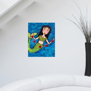 Affiches Art folklorique Sirène verte Chaîne de cœurs rouge