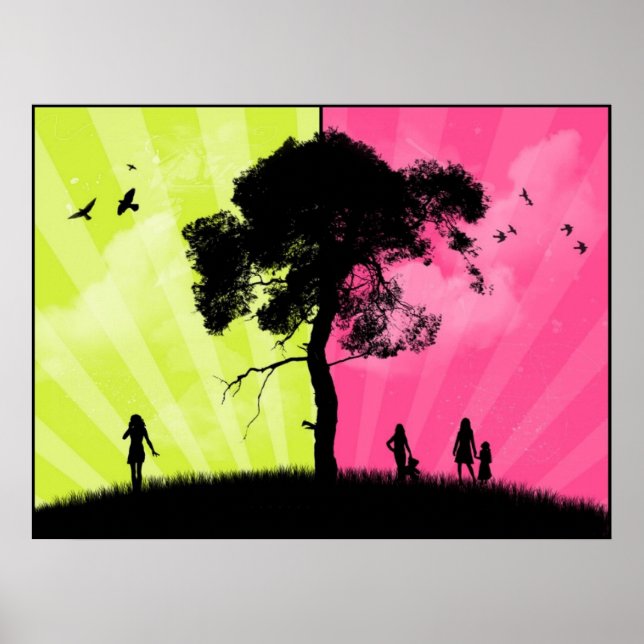 Affiches Art moderne - Ciel vert et rose avec arbre (Devant)