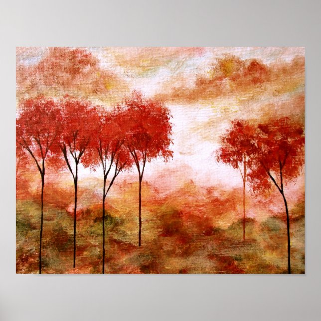 Affiches Art Paysage Abstrait, Arbres Rouges Skinny Automne (Devant)