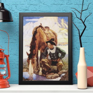 Affiches Art vintage, Cow-boy abreuvant son cheval par NC W