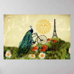Affiches Art vintage de paon avec Tour Eiffel