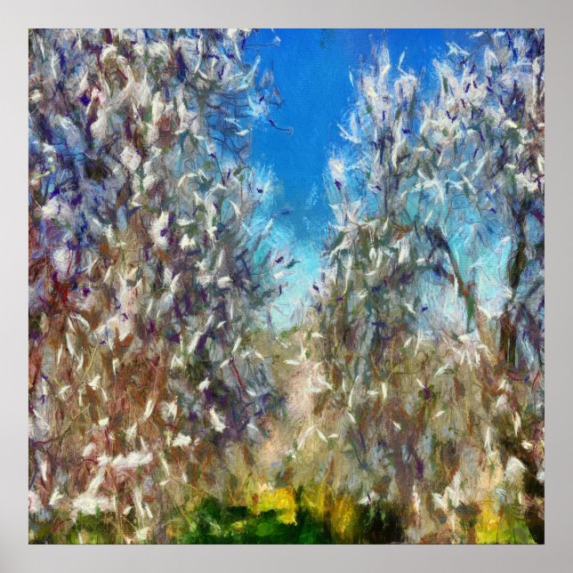 Affiches Artwork de Pointillisme d'amandiers en fleurs prin (Devant)