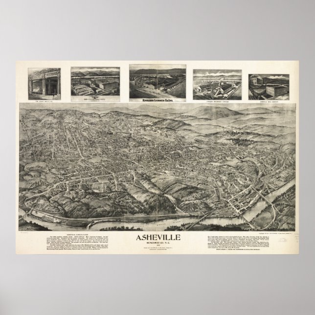 Affiches Asheville N. Carolina 1912 Antique Carte Panoramiq (Devant)
