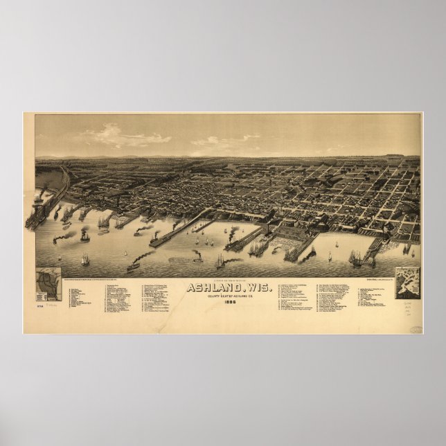 Affiches Ashland Wisconsin 1886 Antique carte panoramique (Devant)