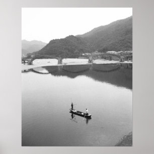 Affiches Asie, Japon, Iwakuni. Pêcheurs et pont historique