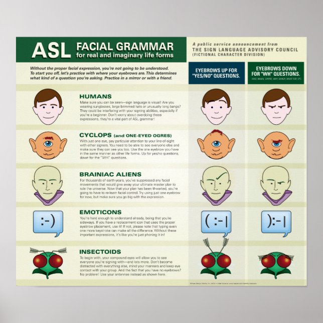 Affiches ASL Grammaire faciale pour diverses formes de vie. (Devant)