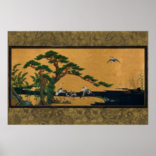 Affiches Auspicious pine, bamboo, plum, grue, and turtles (Devant)