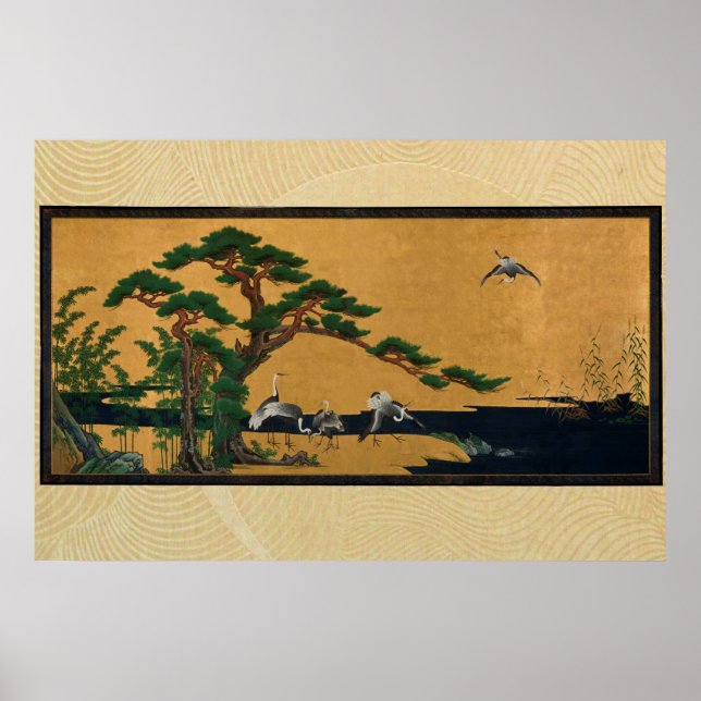 Affiches Auspicious pine, bamboo, plum, grue, and turtles (Devant)