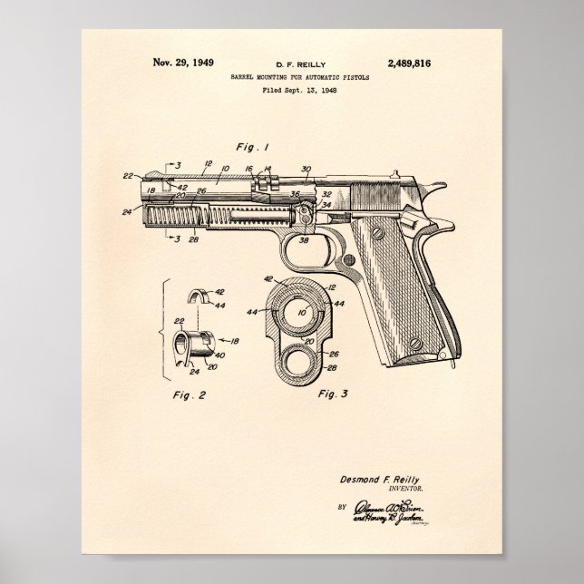 Affiches Automatic Pistols 1949 Patent Art Old Peper (Devant)