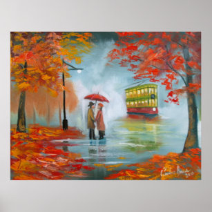 Affiches automne pluie jour rouge parapluie couple romantiq
