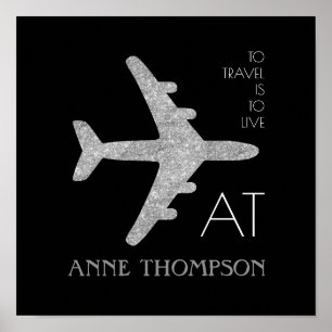 Affiches avion argent personnalisé voyage noir