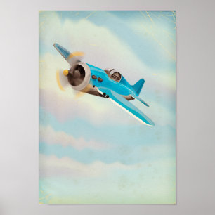 Affiches Avion bleu rétro