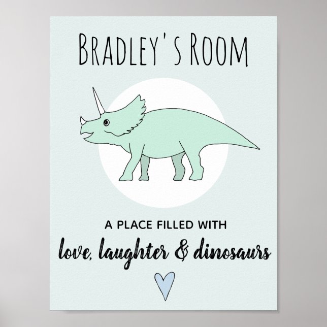 Affiches Baby Boy Doodle Dinosaur Tricératops Nom Nursery (Devant)