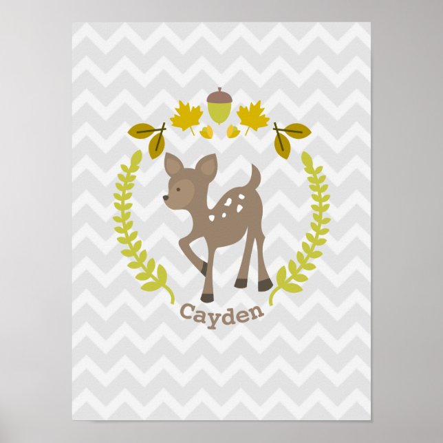 Affiches Baby Deer Grey Chevron Nursery Artwork - Garçon (Devant)