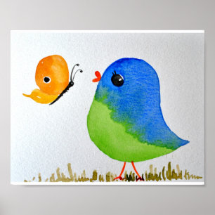 Affiches Baby Nursery wallart_ Aquarelle Bleu Oiseau