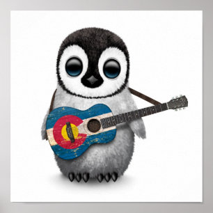 Affiches Baby Penguin Jouer à la Guitare du drapeau du Colo