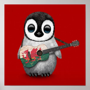Affiches Baby Penguin Jouer Gallois Drapeau Guitare Rouge