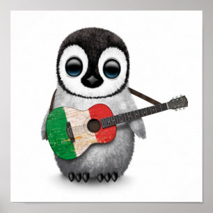 Affiches Baby Penguin Jouer Guitare du drapeau italien