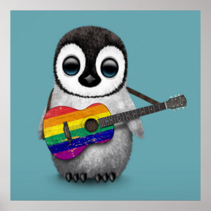 Affiches Baby Penguin Jouer Rainbow drapeau guitare bleu