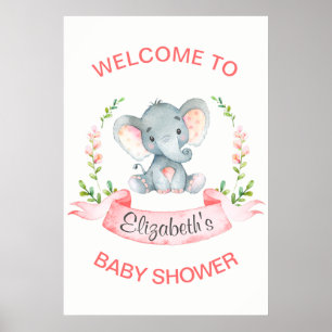 Affiches Baby shower de fille Eléphant Aquarelle