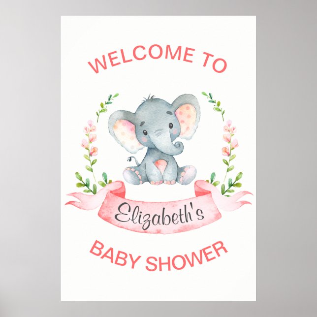 Affiches Baby shower de fille Eléphant Aquarelle (Devant)