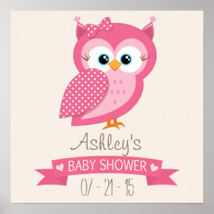 Affiches Baby shower Pot Owl rose et blanc