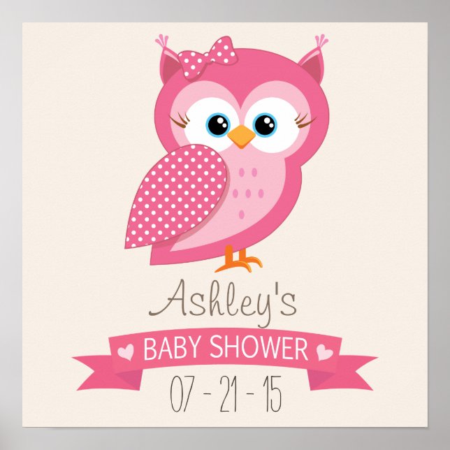 Affiches Baby shower Pot Owl rose et blanc (Devant)