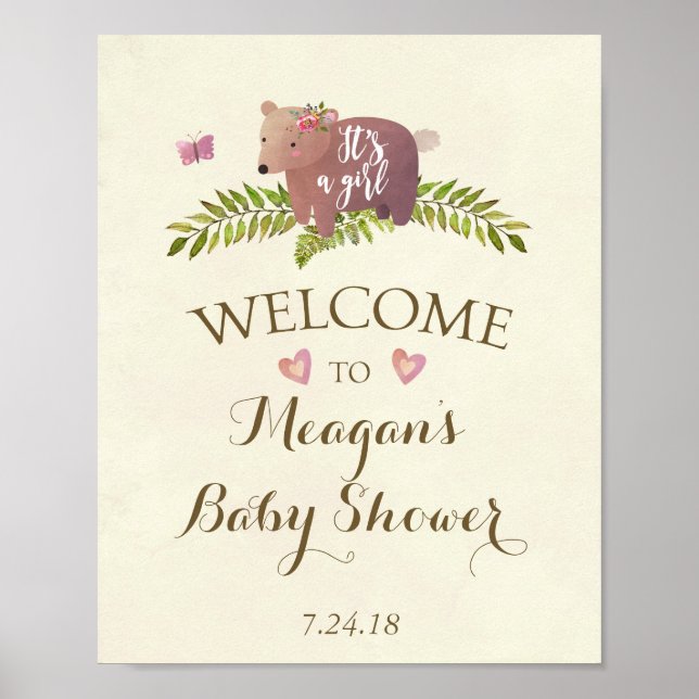 Affiches baby shower signe rose c'est une fille ours de boi (Devant)