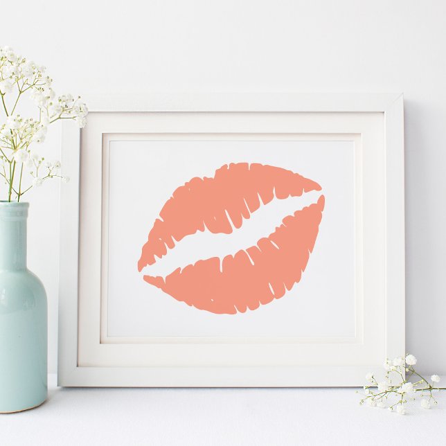 Affiches Baiser au rouge à lèvres corail orange (Coral Orange Lipstick Kiss Poster)