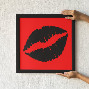 Affiches Baiser au rouge à lèvres noir graphique sur fond r