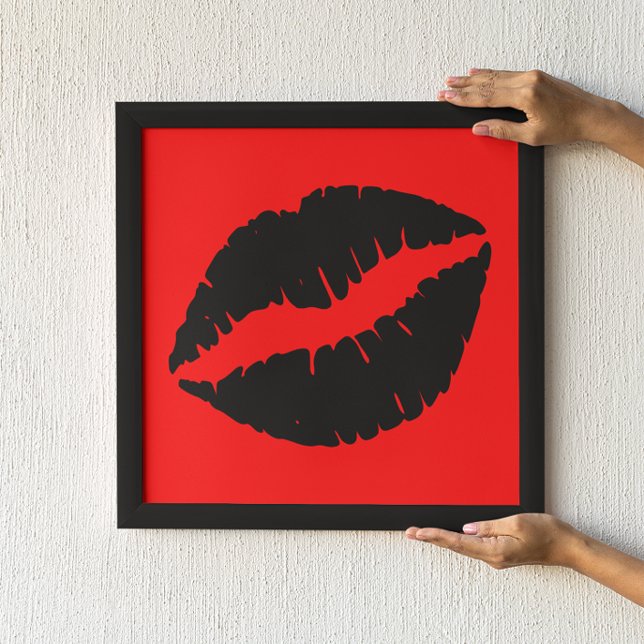 Affiches Baiser au rouge à lèvres noir graphique sur fond r (Créateur téléchargé)