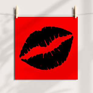 Affiches Baiser au rouge à lèvres noir graphique sur rouge