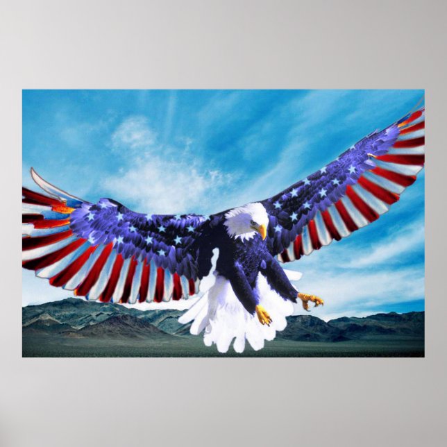 Affiches Bald Eagle volant dans le ciel avec un drapeau amé (Devant)
