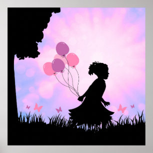 Affiches Ballons Silhouette Enfants Papillons Art Mur