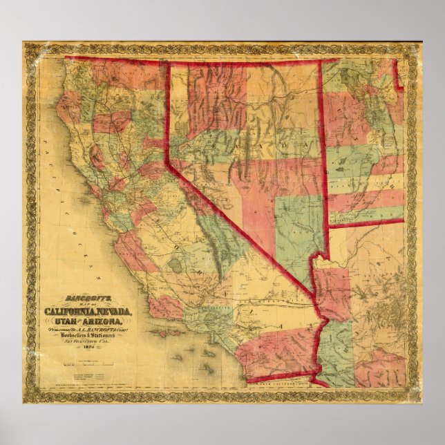 Affiches Bancroft's Map Of California, Nevada, Utah (Devant)