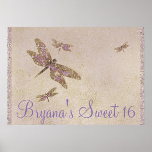 Affiches Banderole de fête de libellules violettes et dorée