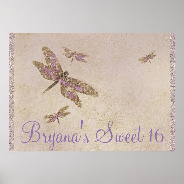 Affiches Banderole de fête de libellules violettes et dorée (Devant)