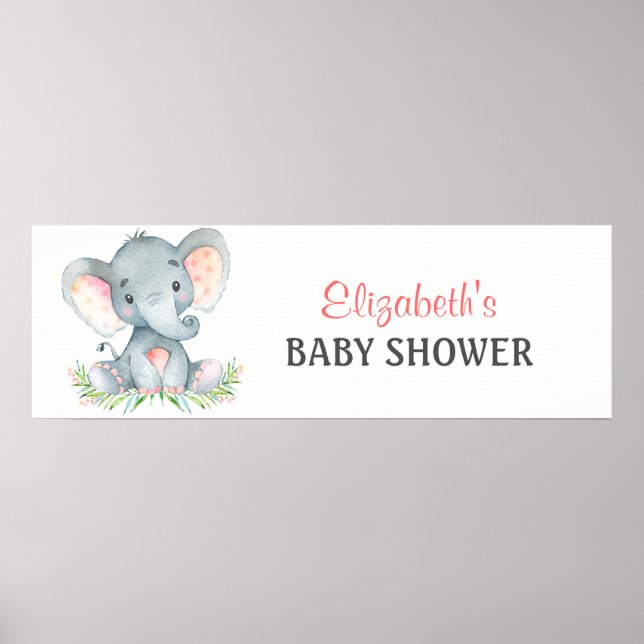 Affiches Bannière Baby shower de fille Eléphant Aquarelle (Devant)