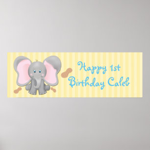 Affiches Bannière d'anniversaire éléphant bébé mignon & cac