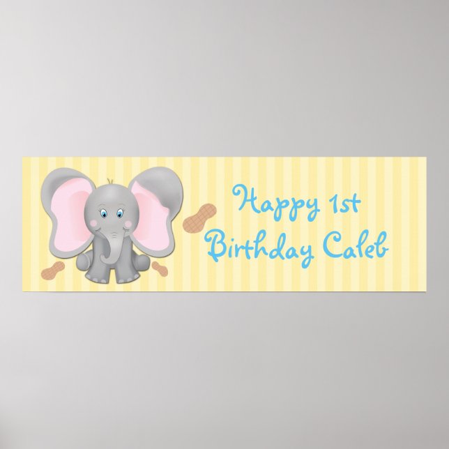 Affiches Bannière d'anniversaire éléphant bébé mignon & cac (Devant)