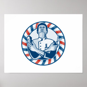 Affiches Barbier avec poteau Hair Clipper et ciseaux Rétro