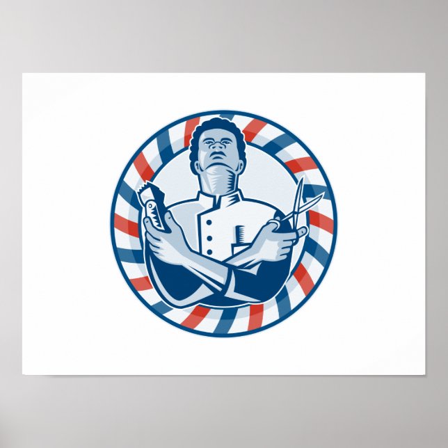 Affiches Barbier avec poteau Hair Clipper et ciseaux Rétro (Devant)