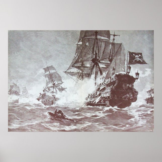 AFFICHES BATAILLE DE NAVIRE PIRATE EN NOIR ET BLANC (Devant)