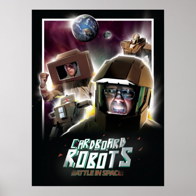 Affiches Bataille de robots en carton dans l'espace (Devant)