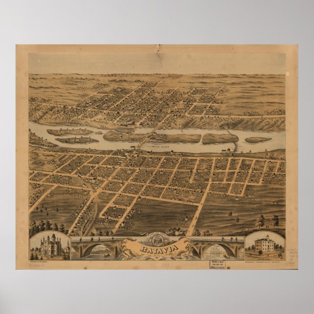 Affiches Batavia Illinois 1869 Carte panoramique antique (Devant)