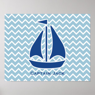 Affiches Bateau à voile bleu nautique et Chevron Personnali