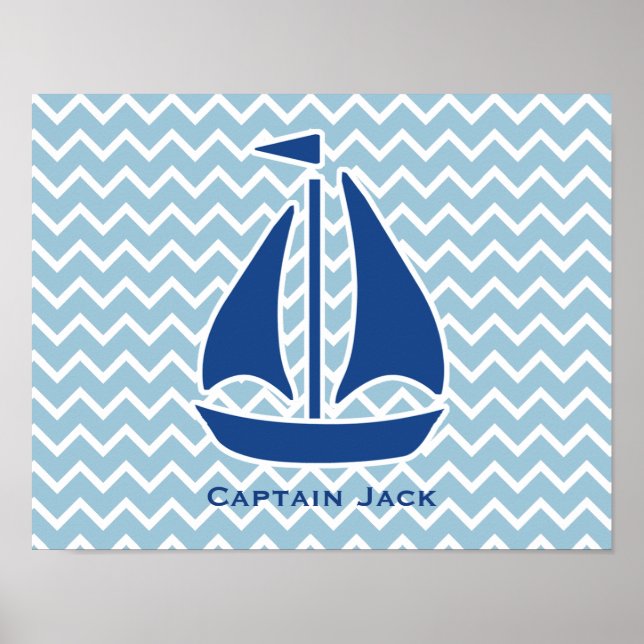 Affiches Bateau à voile bleu nautique et Chevron Personnali (Devant)
