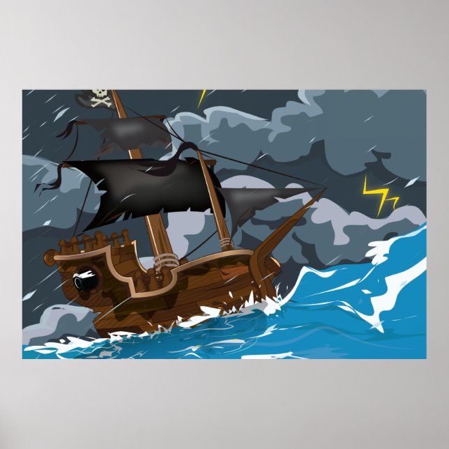 Affiches Bateau pirate dans la tempête (Devant)