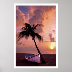 Affiches Bateau sous Palm sur la plage au coucher du soleil
