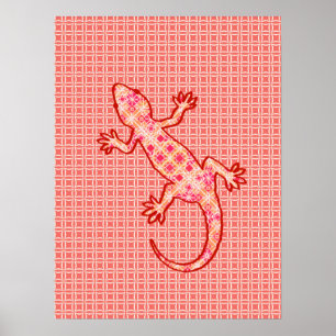 Affiches Batik tribal Gecko - corail rose et crème